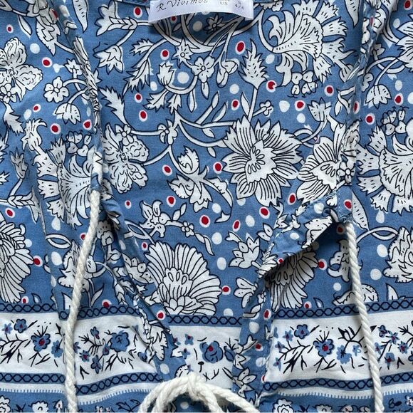 R. Vivimos blue and white floral long elastic sleeve Dress, tassel closure, Sz S - Picture 9 of 13